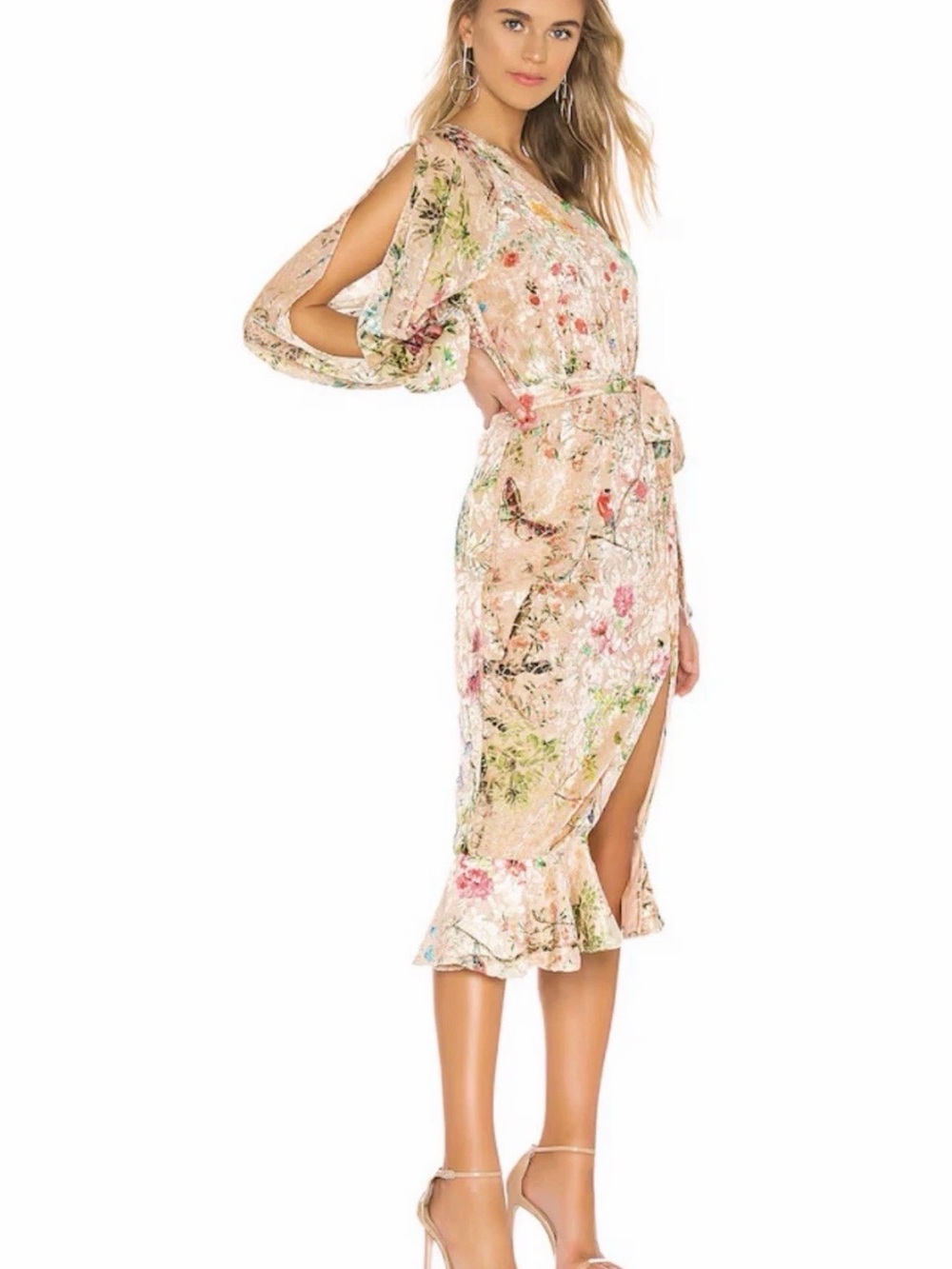 HEMANT & NANDITA Blush Floral Midi Dress with Tie Waist and Side Slit